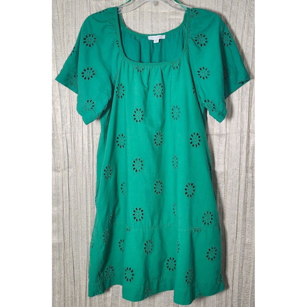 XS Kelly Green 100% Cotton Eyelet Mini Dress Short Sleeve Lined Pockets
